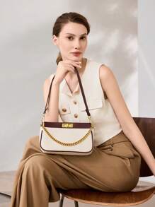 Women's Shoulder Bag With Color-Block Chain - Đen và trắng - Xem 6