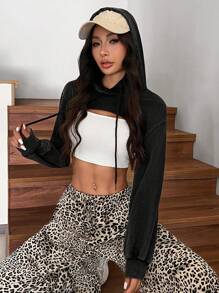 SHEIN EZwear Ladies' Solid Acid Washed Look Vintage Drawstring Detail Super Crop Hoodie - Black - View 7