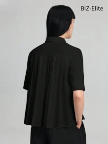 Ontre 夏季女士休闲纯色后背褶皱衬衫 - 黑色 - 查看 3