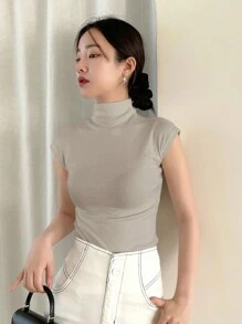 DAZY Mock Neck Solid Cap Sleeve Tee For Summer - Grey - View 4