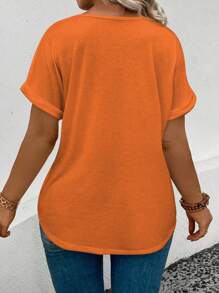 INAWLY Plus Size Women's V-Neck Folded Cuff Casual All-Match Orange Top - Orange - View 2