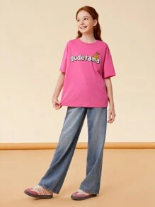 Gudetama X SHEIN Tween Girls' Cartoon Printed Pink Casual Short Sleeve T-Shirt, Cute And Lively