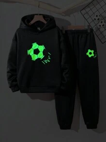 SHEIN Leap Crew Conjunto de 2 piezas con sudadera con capucha y pantalones flojos de franela con gráfico de bola que brilla en la oscuridad, adecuado para ropa deportiva casual y abrigado, para niños preadolescentes