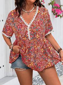 Flirla Plus Size Women's Random Printed Short Sleeve Shirt - Red - View 4
