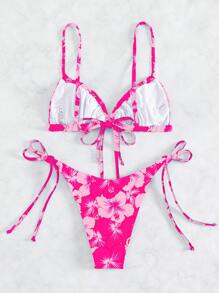 Women's Random Printed Lace-Up Bikini Set Summer Beach - Black - View 2