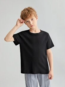 SHEIN 適合青少年男孩的純色圓領短袖T卹，采用窩紋編織面料 - 黑色 - 查看 1