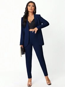 SHEIN SXY Women's Solid Color Open Front Long Sleeve Blazer And Pants, Elegant Commuting Suit For Spring And Autumn - Navy Blue - View 1