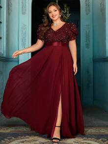 QOQ Plus Size Minimalist Solid Color Sequin Patchwork Chiffon Dress - Burgundy - View 5
