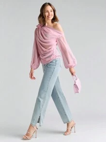 Enchnt Asymmetrical Neck Stereo Flowers Ruched Lantern Sleeve Blouse - Pink - View 3