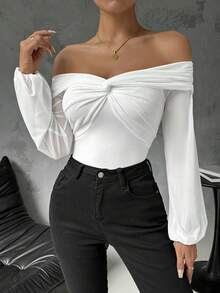 SHEIN Privé 25+ 件休閒風圓燈籠袖網紗上衣，露肩設計，修身適合女性 - 白色 - 查看 4