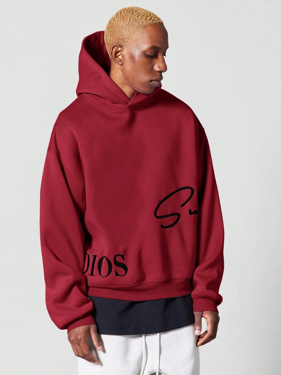 SUMWON Cozy Oversized Pullover Hoodie Sweatshirt With Signature Font Logo Premium Athletic Wear Winter Fall Casual Streetwear Essential Layering Piece - Burgundy - View 1