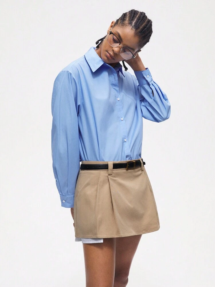 SHEIN Maija Women's Solid Color Simple Daily Long Sleeve Shirt + Skirt Two-Piece Set