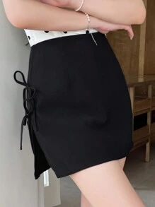 DAZY Women's Solid Color Fashionable Simple Elegant Bowknot Decor Loose Soft Tender Skirted Shorts - Black - View 8