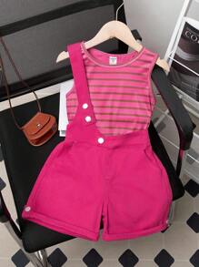SHEIN Regata Listrada de Menina Jovem e Shorts Jardineira com Bainha Dobrada