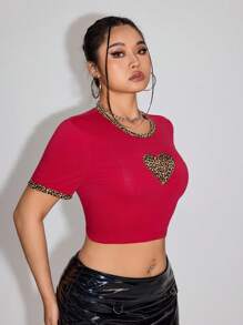 SHEIN ICON Y2k Women T Shirt Back To School Clothes Plus Size Heart & Leopard Patchwork Tight Short Sleeve Crop Top, Daily Casual - Red - View 5
