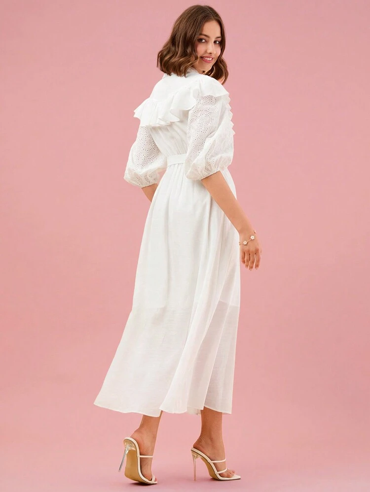 Ruffle Trim Lantern Sleeve Belted Shirt Dress