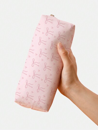 Kawaii Cute Pink Bowknot & Heart Pattern Double-Sided Printed Pencil Case, School,Back To School,School Supplies