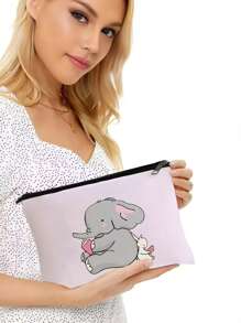 ROMWE Kawaii Fashionable Cartoon Cute Elephant & Rabbit Print Portable Canvas Makeup Bag Handbag With Large Capacity 493095 - Multicolor - View 2