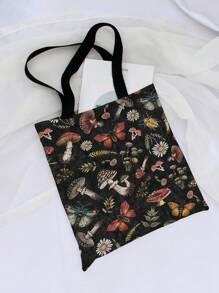ROMWE Fairycore Mushroom Butterfly Insect Pattern Double-Sided Printed Canvas Shoulder Bag, Butterfly Bag