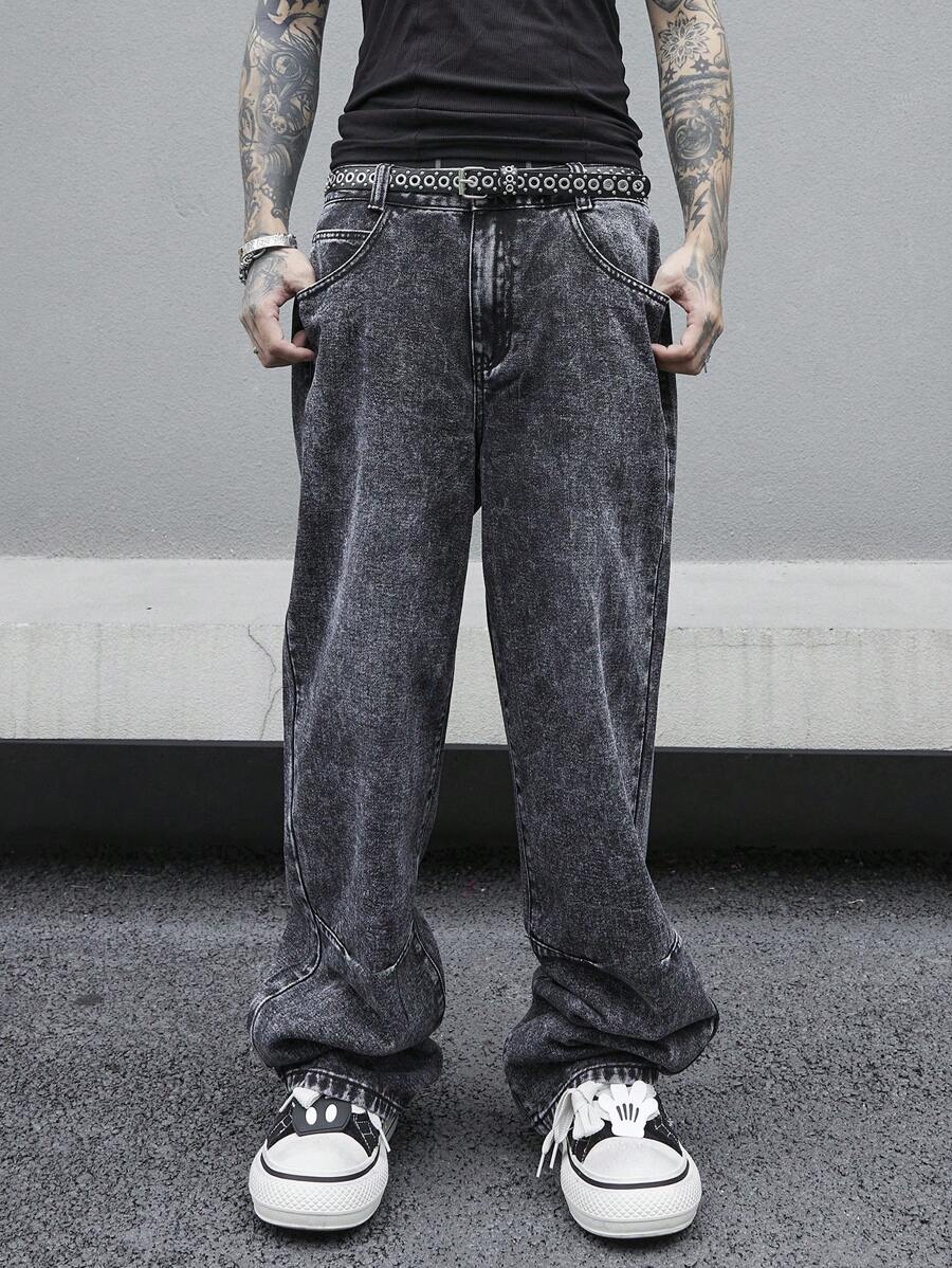 Manfinity Roghcode Plus Slant Pocket Straight Leg Baggy Jeans - Grey - View 1