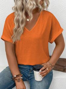 INAWLY Plus Size Women's V-Neck Folded Cuff Casual All-Match Orange Top - Orange - View 5