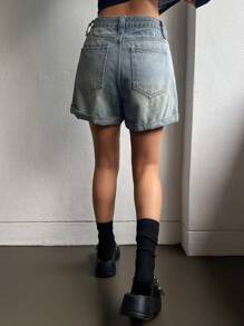 DAZY 高腰卷邊牛仔短褲 - 中等水洗藍 - 查看 4