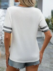 SHEIN LUNE Contrast Binding Notched Neck Tee For Summer - White - View 2