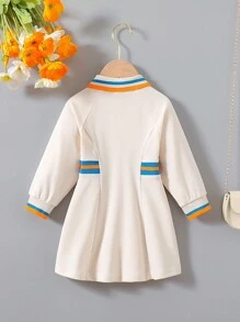 嬰兒女童休閒長袖Polo恤連衣裙，適用於春秋季節 - 杏色 - 查看 2