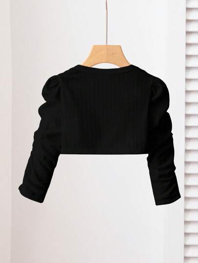 SHEIN Baby Girl Cute Knit Simple Versatile Puff Sleeve Long Sleeve Cardigan Jacket Lightweight Sweater, Black