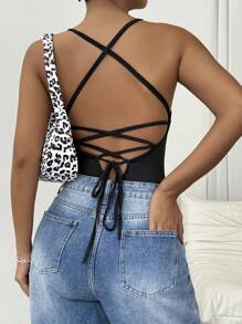 SHEIN Essnce 後無背黑色連體衣，內置薄墊胸罩和細肩帶 - 黑色 - 查看 11