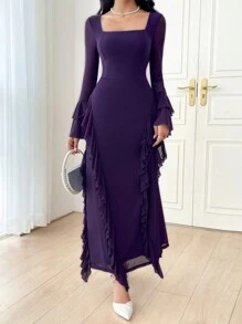 Modelyn Đầm dài tay xếp ly cổ vuông nhiều lớp thiết kế thời trang cao cấp tay chuông cho nữ, lưới tương phản thanh lịch cho nữ, bèo nhún, viền bèo nhún Đầm dài tay cổ vuông ôm vừa vặn màu tím tím tay loe trơn chữ A Đầm dài cho nữ, mùa xuân/thu, đầm dạ hội dài mặc hàng ngày - Màu tím  Violet - Xem 4