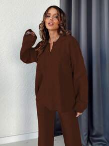 EURMUSE Solid Drop Shoulder Sweater & Knit Pants - Brown - View 3