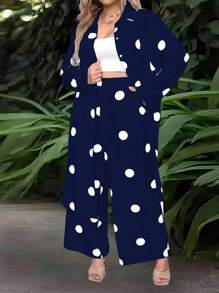 SHEIN LUNE Plus Size Women's Polka Dot Print Simple Daily Outfit Set