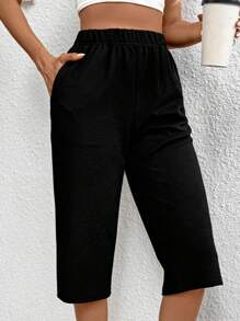 EMERY ROSE Women Summer Elastic Waist Solid Color Casual 3/4 Length Pants With Pockets