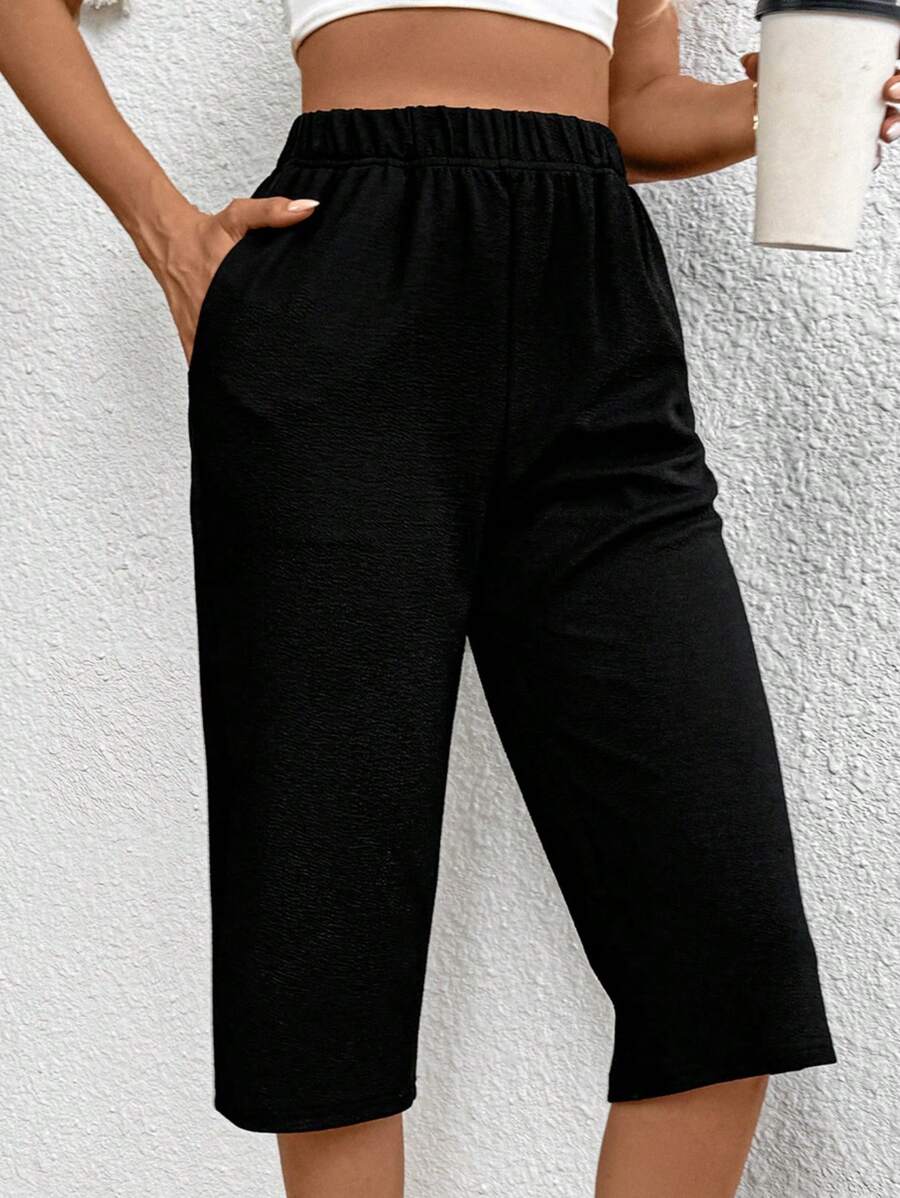EMERY ROSE Women Summer Elastic Waist Solid Color Casual 3/4 Length Pants With Pockets