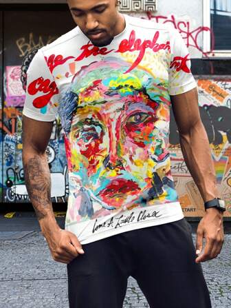 Camiseta de manga corta con estampado de cara pintada para hombre, estilo casual de verano