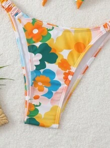 SHEIN Swim Women's Summer Beach Floral Print Front Tie Sexy Bikini Swimwear Set