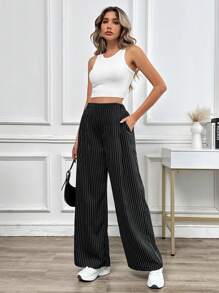 SHEIN Essnce Women Dress Pants Uniform Pants Teacher Pants Ladies' Commuting Black Striped Elastic Waist Wide Leg Trousers With Double Pockets - Black and White - View 4