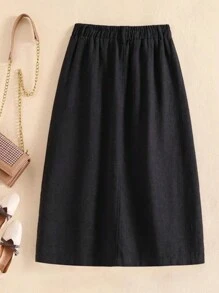 女性純色簡約日常膝長裙 - 黑色 - 查看 2