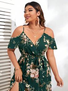 SHEIN VCAY 大码波西米亚风花卉印花露肩束带连衣裙，适合夏季 - 墨綠色 - 查看 4