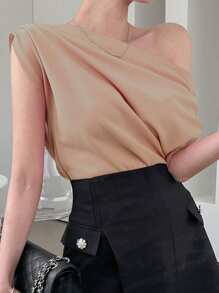 DAZY Women's Solid Color Asymmetric Collar Pleated Casual T-Shirt, Summer