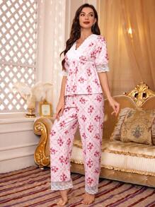 PalaceNights Women's Floral Printed Short Sleeve Long Pants Pajama Set