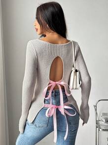Chiquease Women's Solid Color Simple Daily Wear Back Tie Sweater, Knit Pullover Fall Winter - Light Grey - View 5
