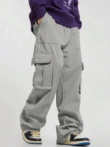 Chillumni Loose Fit Men's Cargo Pants With Flap Side Pockets, Men Grey Cargo Pants, Men Baggy Cargo Pants, Men Loose Cargo Pants - Light Grey - View 1