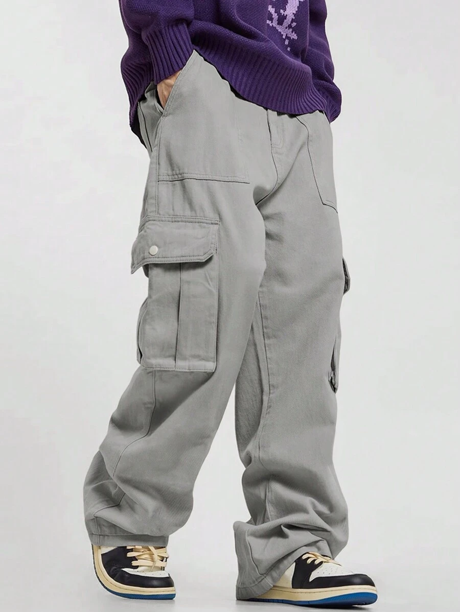 Chillumni Loose Fit Men's Cargo Pants With Flap Side Pockets, Men Grey Cargo Pants, Men Baggy Cargo Pants, Men Loose Cargo Pants - Light Grey - View 1