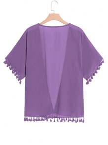SHEIN LUNE Plus Tassel Trim Open Front Coat - Purple - View 2