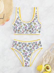 Swim Mod Floral Print Stitch Bikini Set, Summer Beach - Multicolor - View 1