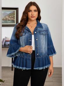 EMERY ROSE Plus Raw Trim Flounce Sleeve Ruffle Hem Denim Jacket - Medium Wash - View 3