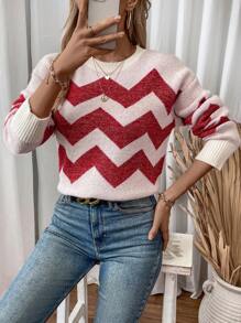SHEIN LUNE Women's Loose Fit Casual Round Neck Pullover Sweater With Drop Shoulder And Wavy Stripes, Autumn/Winter, Knit Pullover Fall - Multicolor - View 6