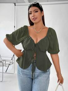 Flirla 大碼純色甜心領衫，胸前褶皺設計，性感 - 軍綠色 - 查看 6